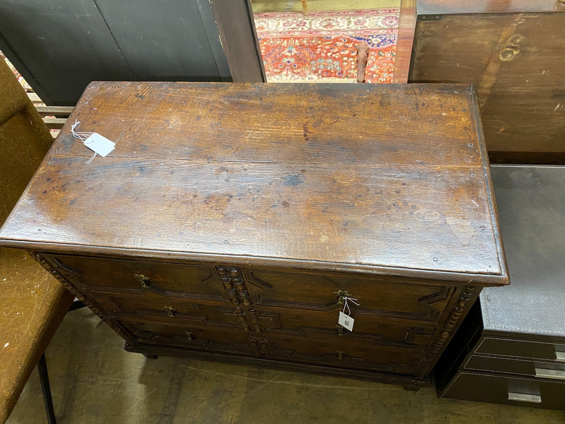 A late 17th century style oak chest of four drawers, width 100cm, height 84cm